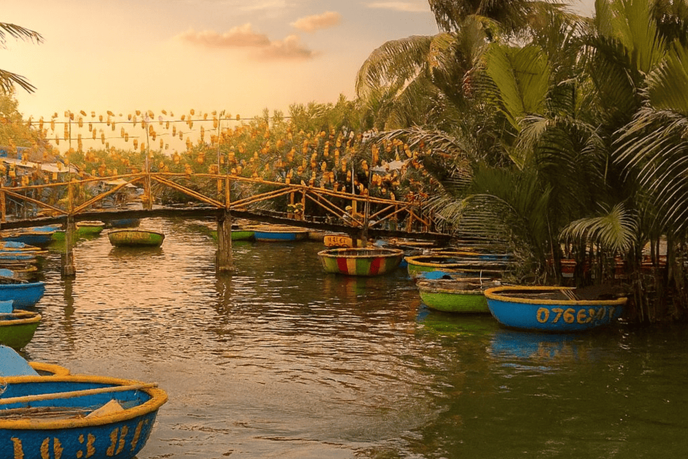 Tourists are enjoying activities such as riding in basket boats and listening to stories about the history and daily life of the local people